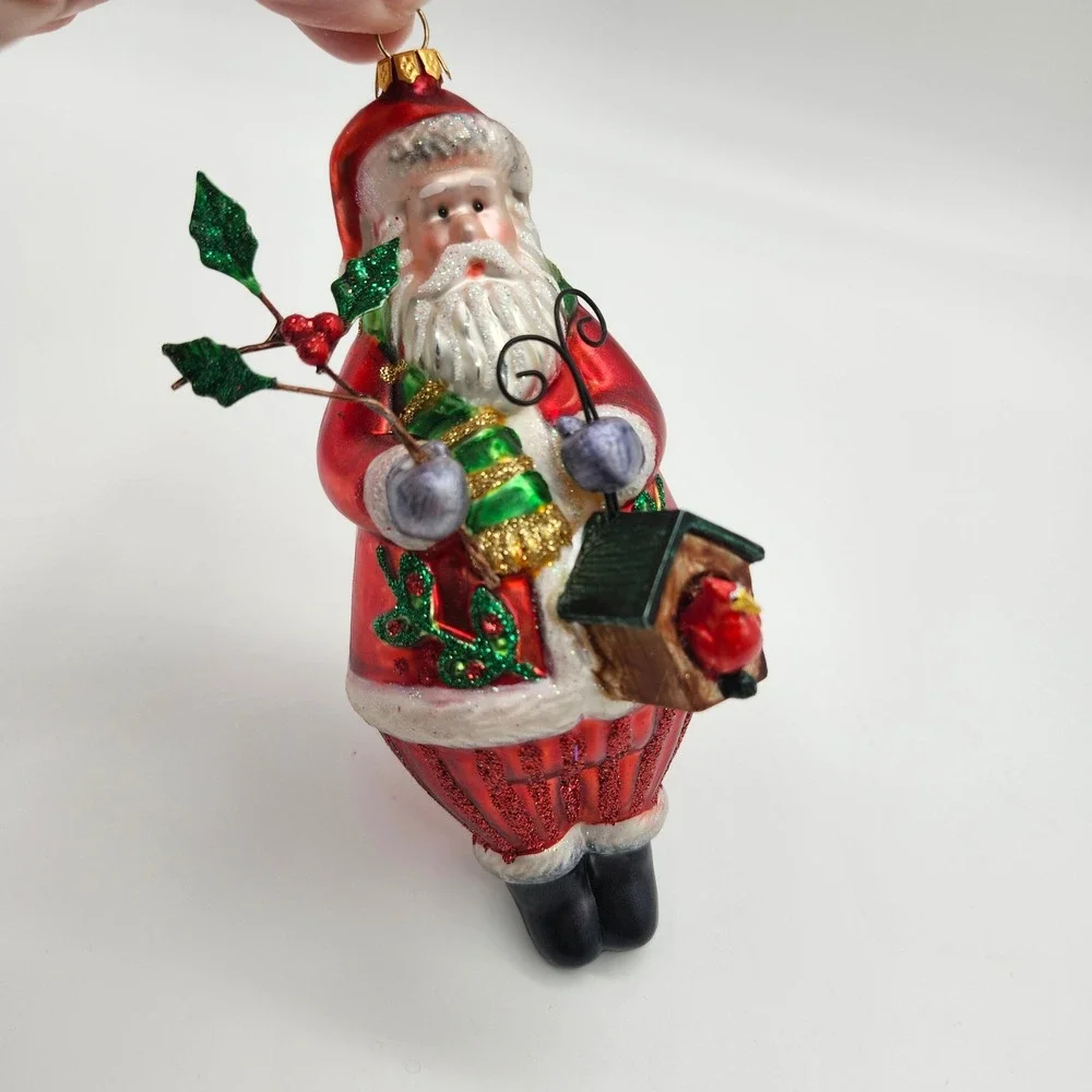 Santa with‎ Birdhouse & Holly Blown Glass Christmas Ornament Red Green Glitter